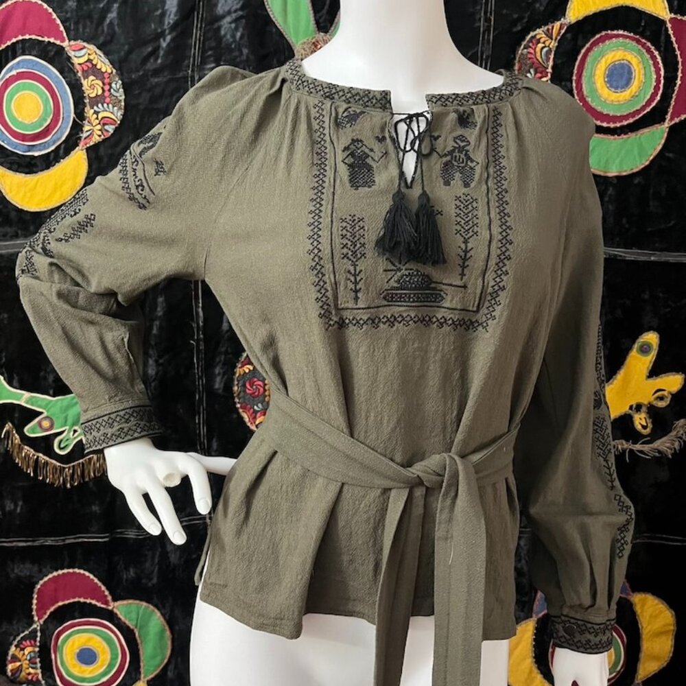 Ukrainian Blouse Women's Vyshyvanka Embroidered Tunic Olive Green Belt SMALL